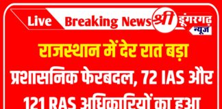 राजस्थान में देर रात बड़ा प्रशासनिक फेरबदल, 72 IAS और 121 RAS अधिकारियों का हुआ तबादला